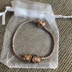 Pandora Snake Bracelet Rose Gold Heart Clasp W/ 2 Pandora Rose Gold Charm